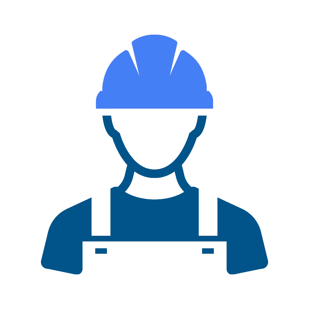 Blue icon of a person wearing a hard hat on a white background