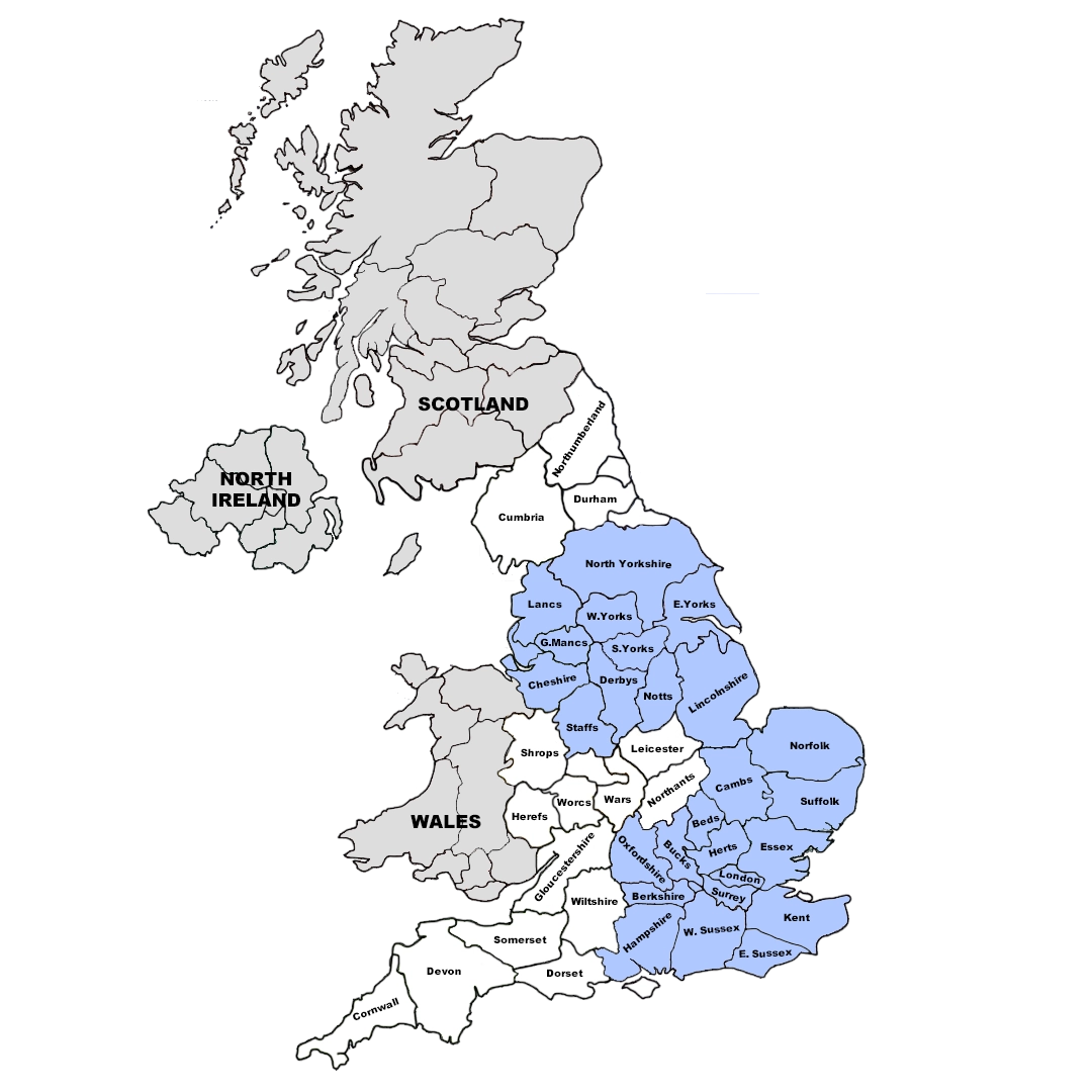 Map of the United Kingdom with regions highlighted in blue