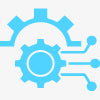 Technical icon with gears and circuitry on a blue background