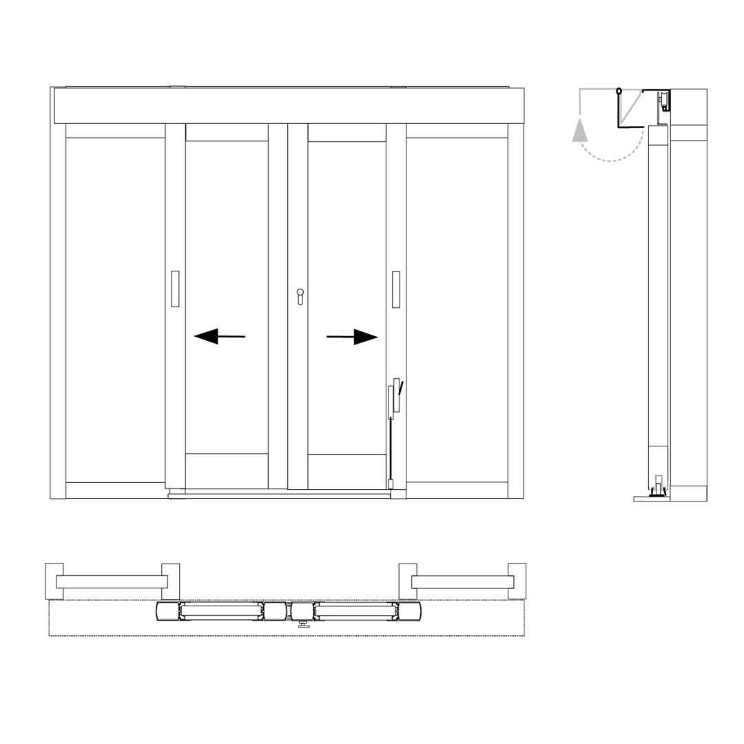 Technical drawing of a sliding glass window with hardware details