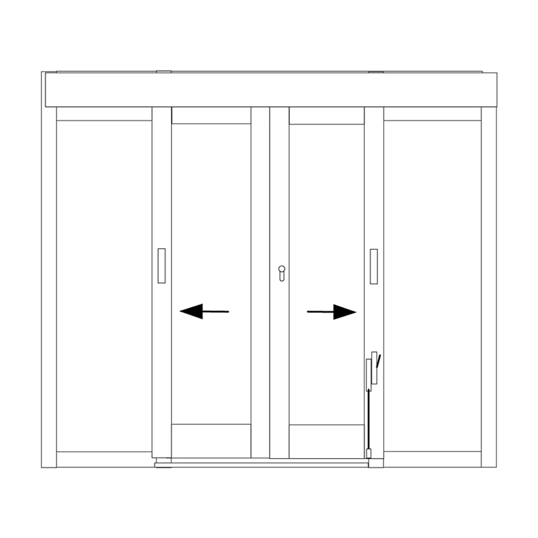 Line drawing of a bi-parting window with arrows indicating direction