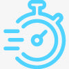 Blue icon of a clock with a line through it on a white background