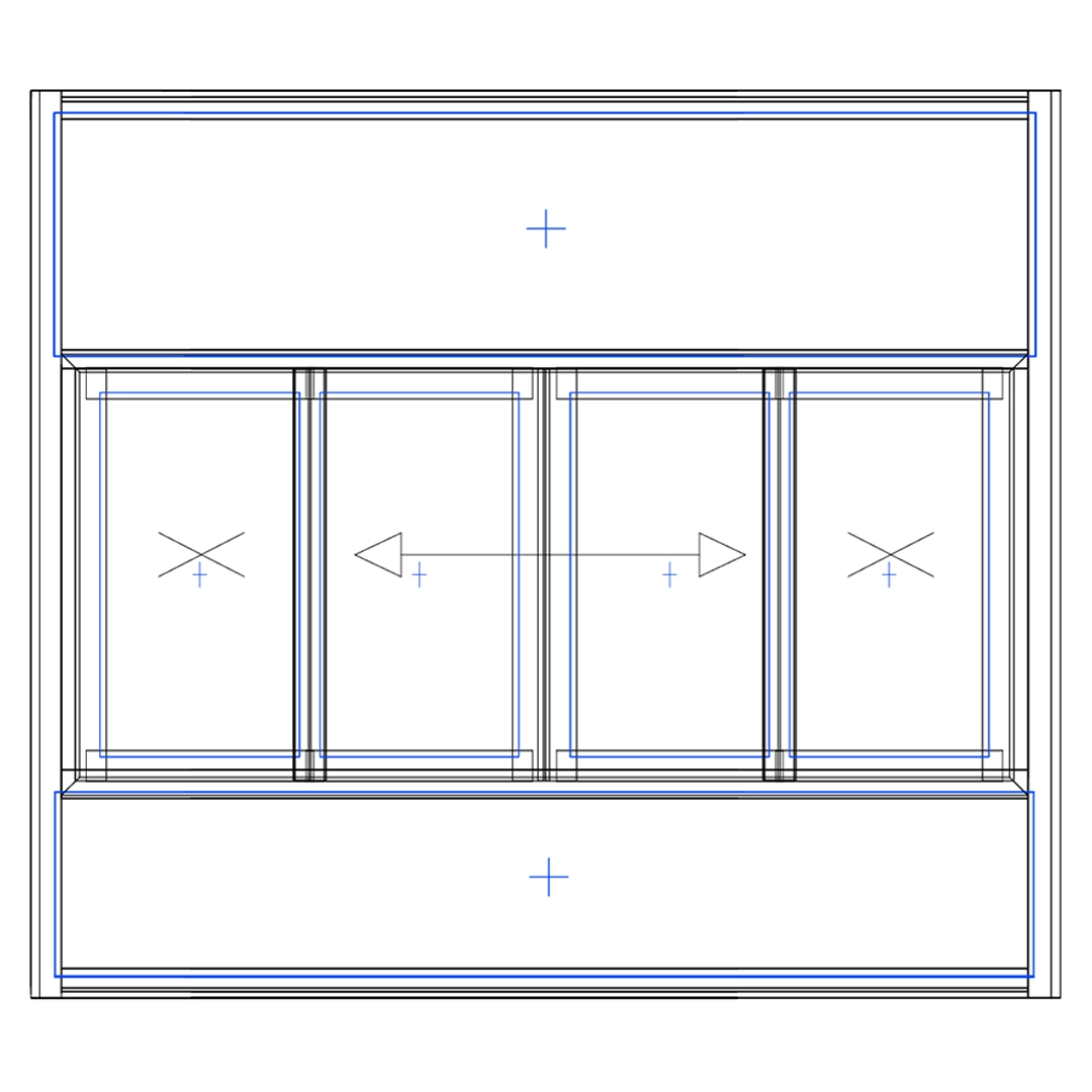 Blueprint of a sliding glass door with measurements and symbols