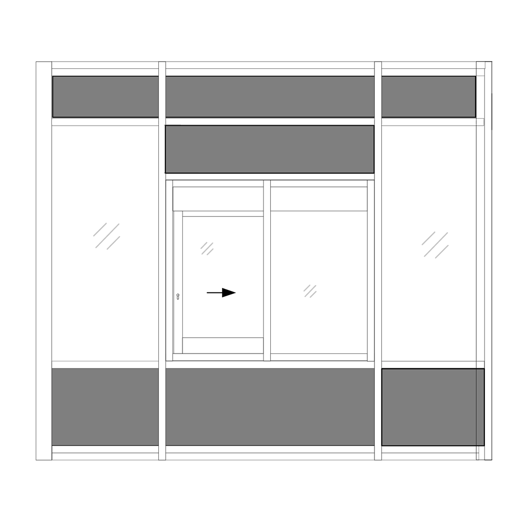 Simplified architectural drawing of a sliding window with additional panels