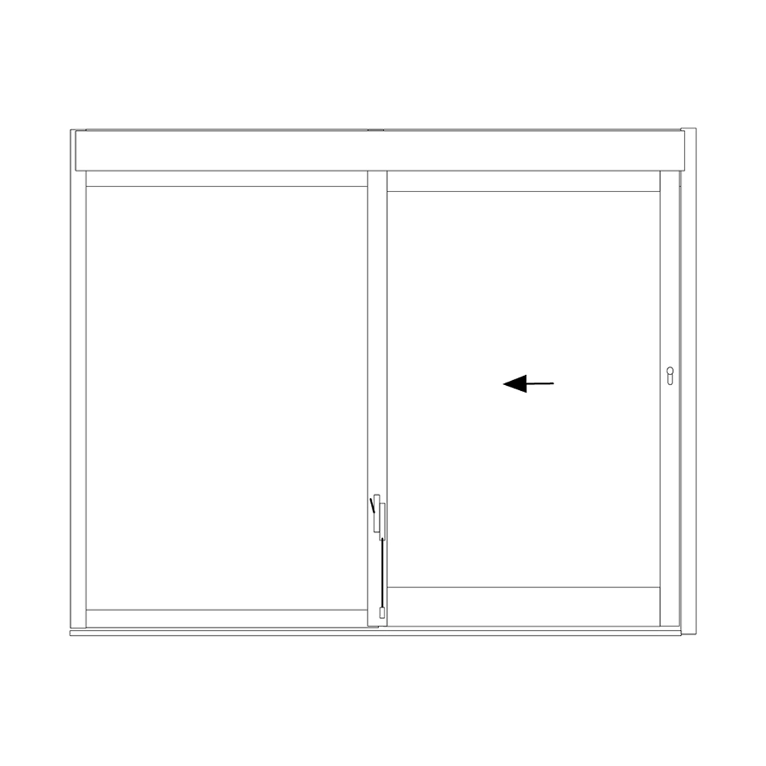Line drawing of a window with a handle and an arrow indicating direction