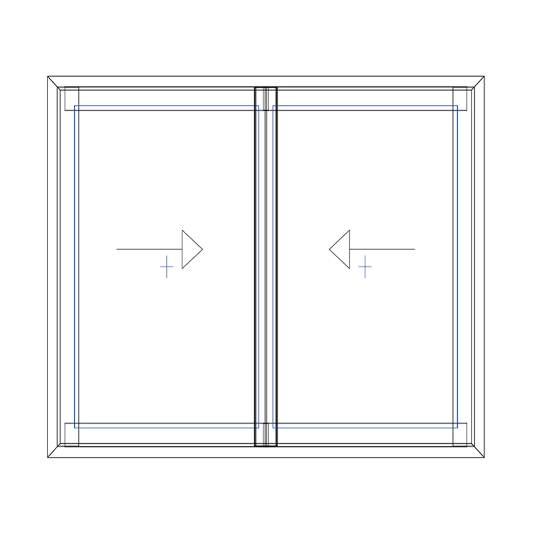 Line drawing of a sliding window with measurement indicators